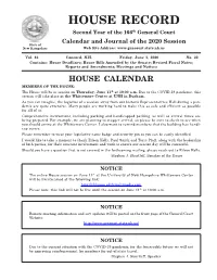 HOUSE RECORD Second Year of the 166Th General Court Calendar and Journal of the 2020 Session State of New Hampshire Web Site Address