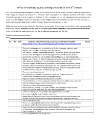 Office of Graduate Studies Editing Checklist for APA 6Th Edition