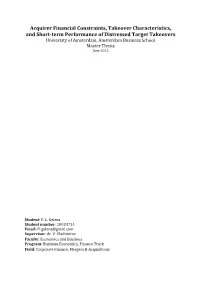 Acquirer Financial Constraints, Takeover Characteristics, and Short-Term Performance of Distressed Target Takeovers