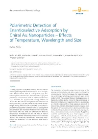 Polarimetric Detection of Enantioselective Adsorption by Chiral Au Nanoparticles – Effects of Temperature, Wavelength and Size