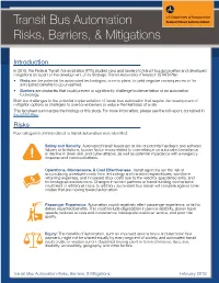 Transit Bus Automation Risks, Barriers, & Mitigations