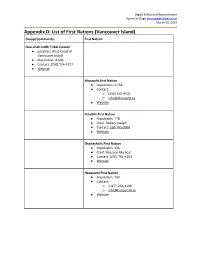 Appendix D: List of First Nations (Vancouver Island) Group/Community: First Nation