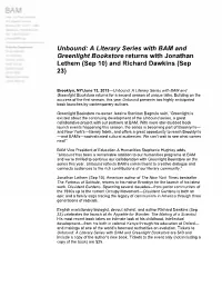 Unbound: a Literary Series with BAM and Greenlight Bookstore Returns with Jonathan Lethem (Sep 10) and Richard Dawkins (Sep 23)
