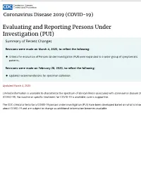 Evaluating and Reporting Persons Under Investigation (PUI) Summary of Recent Changes