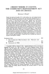 Credit Where It Counts: the Community Reinvestment Act and Its Critics