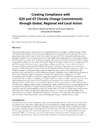 Creating Compliance with G20 and G7 Climate Change Commitments Through Global, Regional and Local Actors