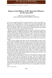 Report of the Editor of the Journal of Finance for the Year 2012