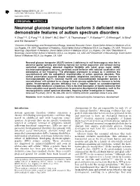Neuronal Glucose Transporter Isoform 3 Deficient Mice Demonstrate