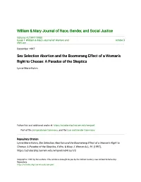 Sex Selection Abortion and the Boomerang Effect of a Woman's Right to Choose: a Paradox of the Skeptics