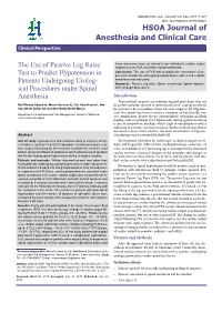 The Use of Passive Leg Raise Test to Predict Hypotension in Patients Undergoing Urological Procedures Under Spinal Anesthesia