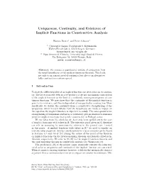 Uniqueness, Continuity, and Existence of Implicit Functions in Constructive Analysis