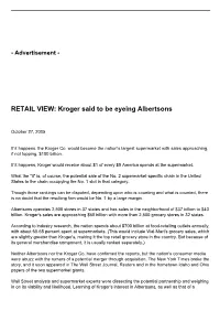 RETAIL VIEW: Kroger Said to Be Eyeing Albertsons