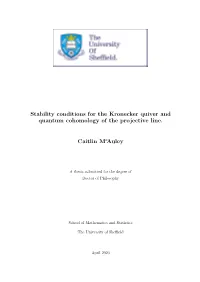 Stability Conditions for the Kronecker Quiver and Quantum Cohomology of the Projective Line