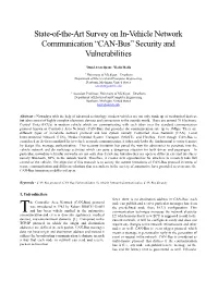 State-Of-The-Art Survey on In-Vehicle Network Communication “CAN-Bus” Security and Vulnerabilities
