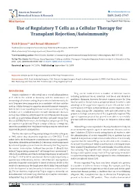 Use of Regulatory T Cells As a Cellular Therapy for Transplant Rejection/Autoimmunity