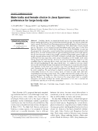 Male Traits and Female Choice in Java Sparrows: Preference for Large Body Size
