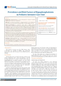 Prevalence and Risk Factors of Hypophosphatemia in Pediatric Intensive Care Unit