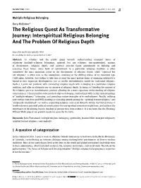 The Religious Quest As Transformative Journey: Interspiritual Religious Belonging and the Problem of Religious Depth