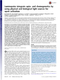 Luminopsins Integrate Opto- and Chemogenetics by Using Physical and Biological Light Sources for Opsin Activation