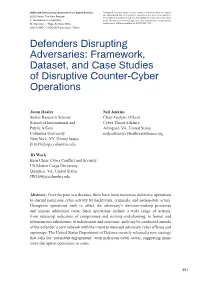 Defenders Disrupting Adversaries: Framework, Dataset, and Case Studies of Disruptive Counter-Cyber Operations