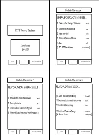 CS319 Theory of Databases Content of the Module 1 Content of The