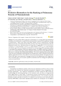Predictive Biomarkers for the Ranking of Pulmonary Toxicity of Nanomaterials