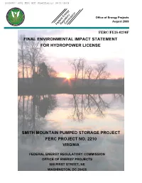 Final Environmental Impact Statement for Hydropower License Smith Mountain Pumped Storage Project Ferc Project No. 2210