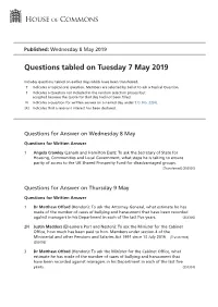 Questions Tabled on Tue 7 May 2019