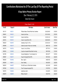 Contributions Maintained As of the Last Day of the Reporting Period 8 Days Before Primary Election Report Due February 22, 2016 Sorted by Amount