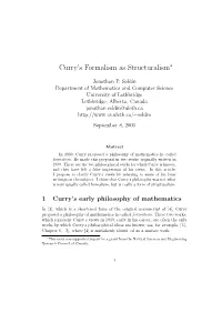 Curry's Formalism As Structuralism∗