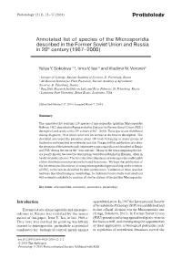 Protistology Annotated List of Species of the Microsporidia Described in the Former Soviet Union and Russia in 20Th Century (196