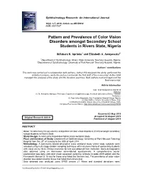 Pattern and Prevalence of Color Vision Disorders Amongst Secondary School Students in Rivers State, Nigeria