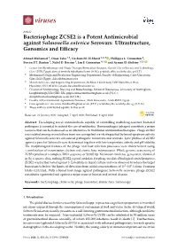 Bacteriophage ZCSE2 Is a Potent Antimicrobial Against Salmonella Enterica Serovars: Ultrastructure, Genomics and Eﬃcacy