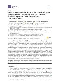 Population Genetic Analysis of the Estonian Native Horse Suggests Diverse and Distinct Genetics, Ancient Origin and Contribution from Unique Patrilines