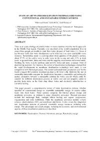State of Art Water Desalination Technologies Using Conventional and Sustainable Energy Sources