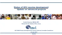 Status of HIV Vaccine Development Update on Advanced Projects