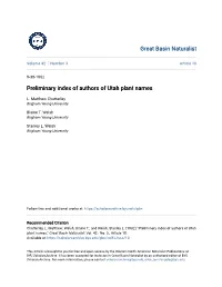 Preliminary Index of Authors of Utah Plant Names