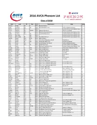 2016 AVCA Phenom List