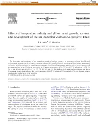Effects of Temperature, Salinity and Ph on Larval Growth, Survival and Development of the Sea Cucumber Holothuria Spinifera Theel