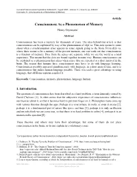 Consciousness As a Phenomenon of Memory