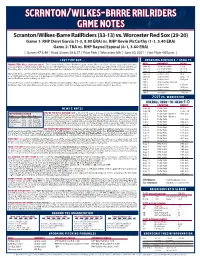 Scranton/Wilkes-Barre Railriders Game Notes Scranton/Wilkes-Barre Railriders (33-13) Vs