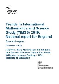 Trends in International Mathematics and Science Study (TIMSS) 2019: National Report for England Research Report