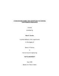 Standardized Names and Definitions for Driving Performance Measures