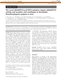 P.D187H Mutation Impairs ADAMTS13 Activity and Secretion and Contributes to Thrombotic Thrombocytopenic Purpura in Mice