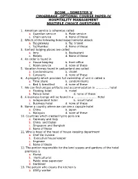 Semester V Cm06bba04 –Optional Course Paper-Iv Hospitality Management Multiple Choice Questions