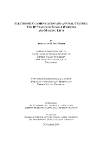 Electronic Communication and an Oral Culture: the Dynamics of Somali Websites and Mailing Lists