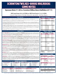 Scranton/Wilkes-Barre Railriders Game Notes Syracuse Mets (11-29) Vs