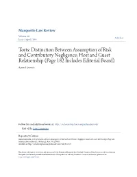 Distinction Between Assumption of Risk and Contributory Negligence: Host and Guest Relationship (Page 182 Includes Editorial Board)
