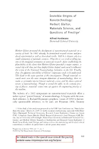 Invisible Origins of Nanotechnology: Herbert Gleiter, Materials Science, and Questions of Prestige1