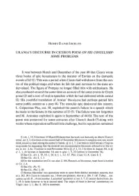 Urania's Discourse in Cicero's Poem on His Consulship: Some Problems